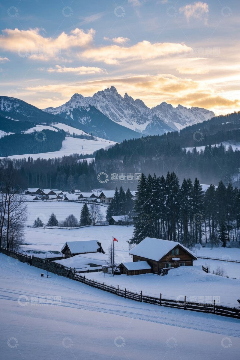 高清大图下载【趣麦麦图】雪山下的冬日乡村雪景