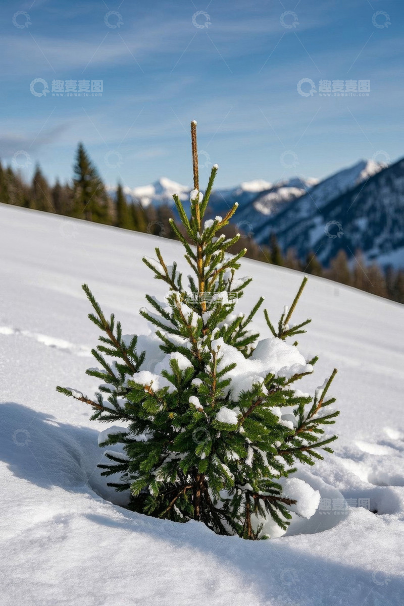 高清大图下载【趣麦麦图】雪地上的小松树与远山景观