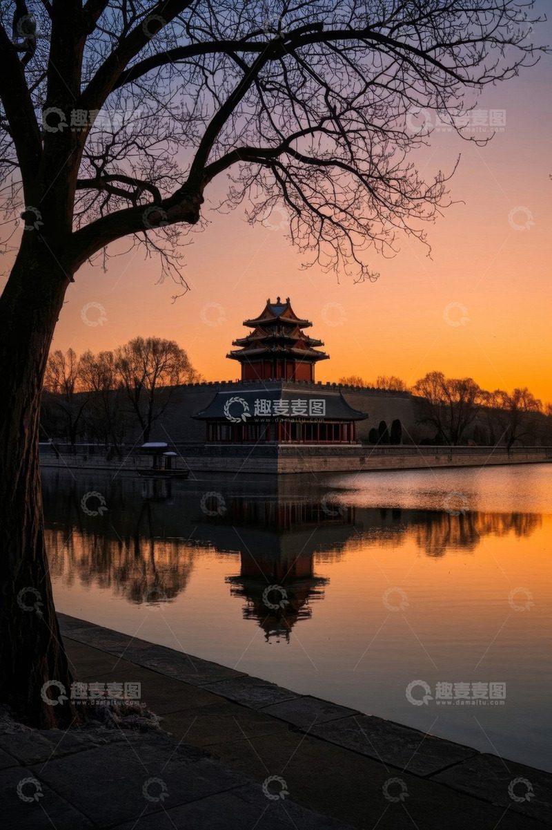 高清大图下载【趣麦麦图】北京故宫角楼夕阳倒影景象