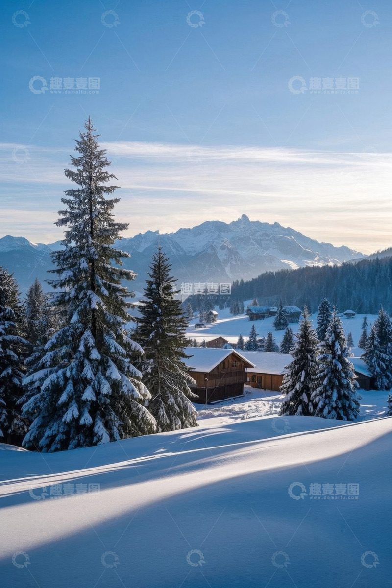 高清大图下载【趣麦麦图】雪山下的雪林木屋冬日景象