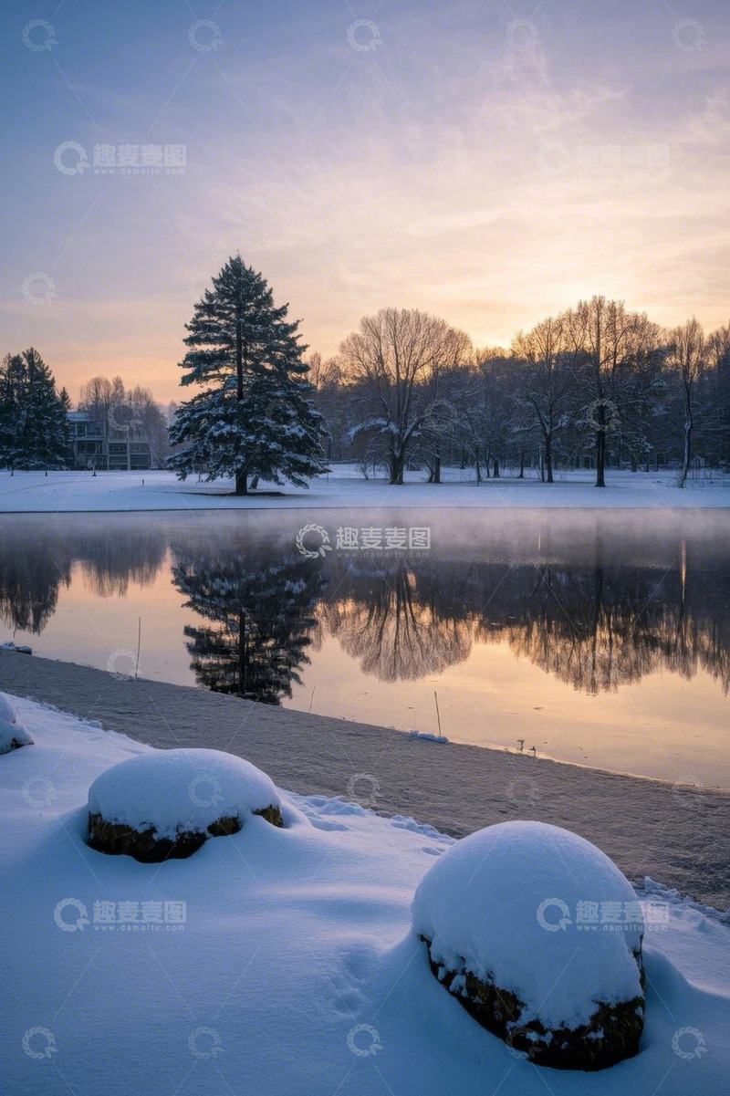 高清大图下载【趣麦麦图】冬日雪后湖边森林风景
