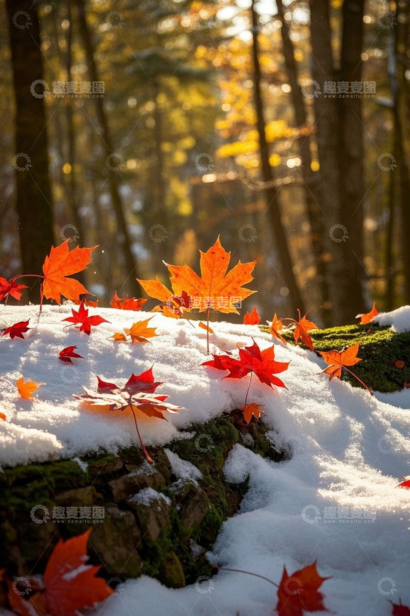 高清大图下载【趣麦麦图】雪地上的秋日枫叶与森林背景