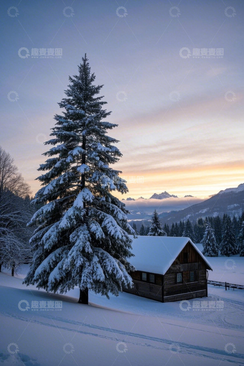 高清大图下载【趣麦麦图】雪中山间木屋与雪松风景