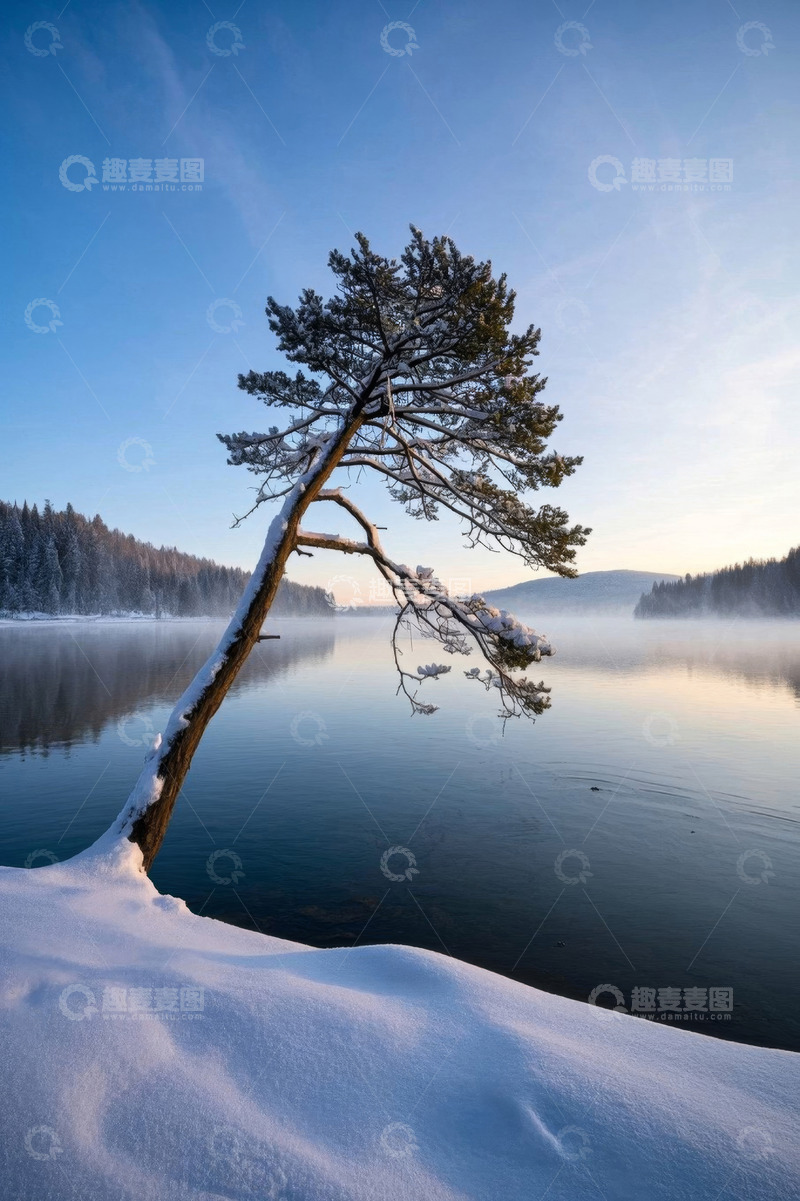 高清大图下载【趣麦麦图】雪后湖边倾斜松树自然风光