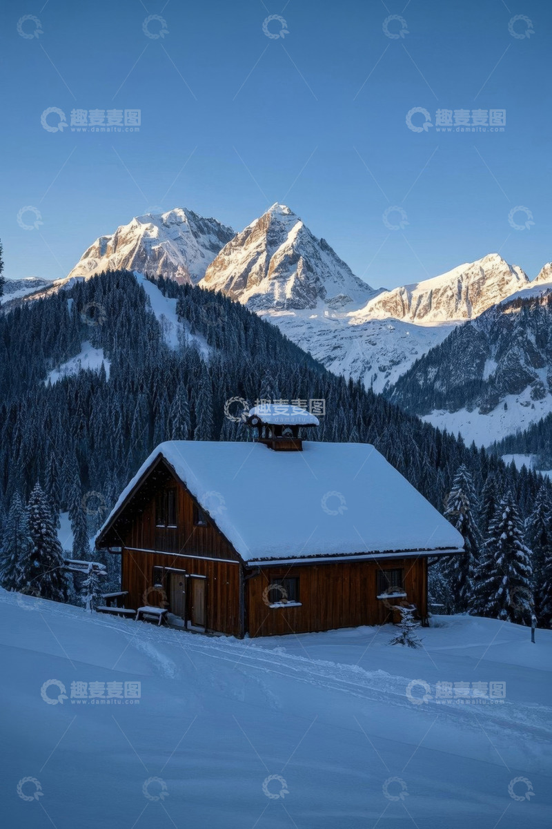 高清大图下载【趣麦麦图】雪山下被积雪覆盖的木屋