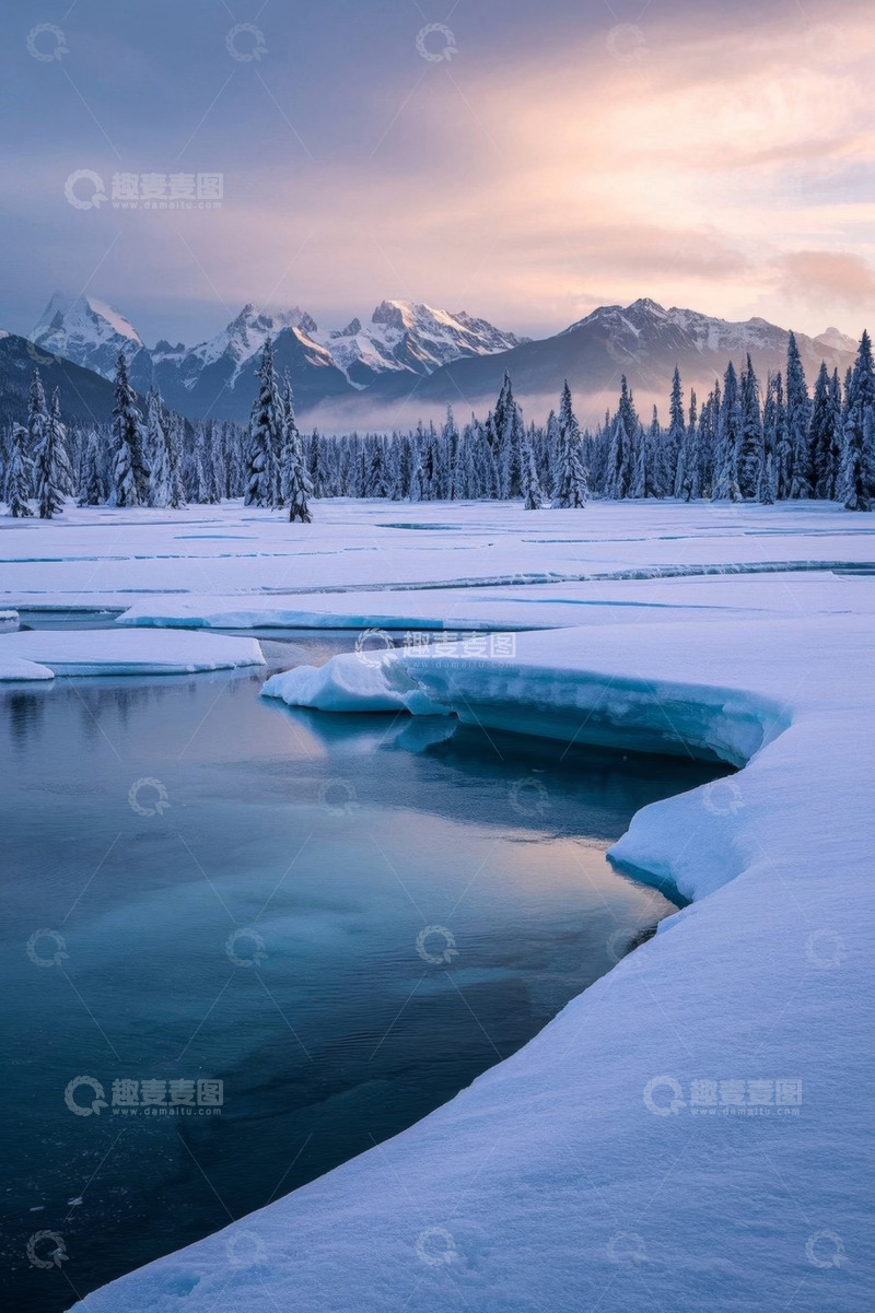 高清大图下载【趣麦麦图】雪山下冰封湖面与雪林景观