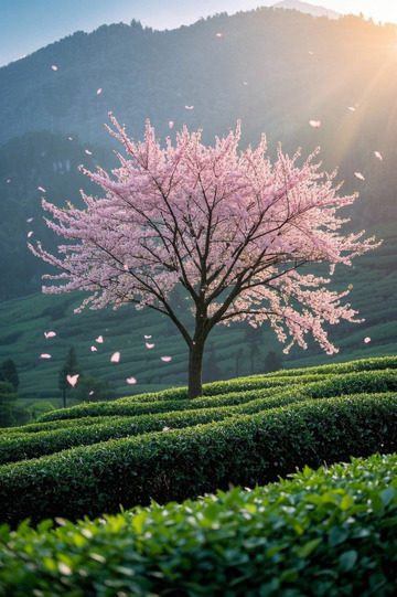 茶园中盛开的粉色樱花树