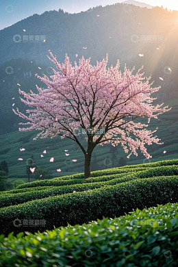 高清大图下载【趣麦麦图】-茶园中盛开的粉色樱花树