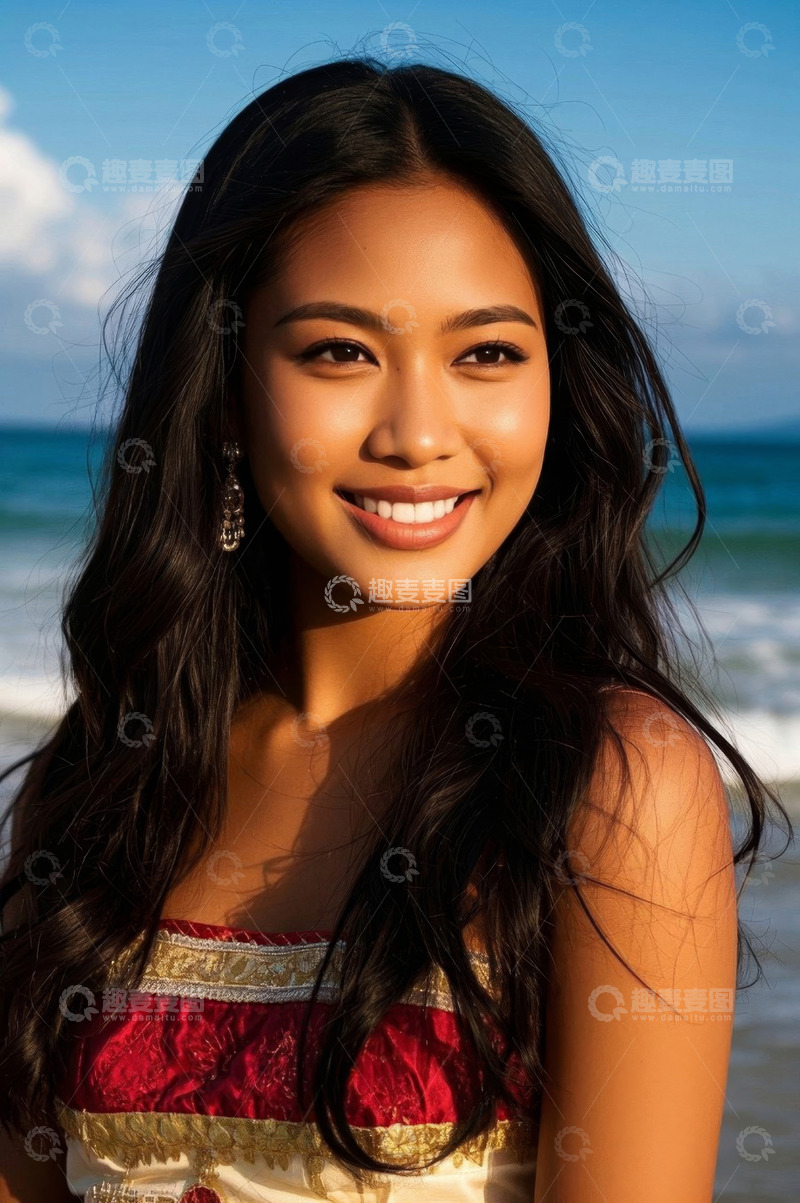 高清大图下载【趣麦麦图】阳光沙滩美丽女孩笑容灿烂