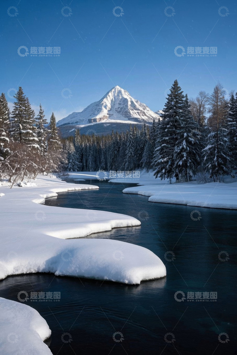 高清大图下载【趣麦麦图】雪山下的河流与森林雪景