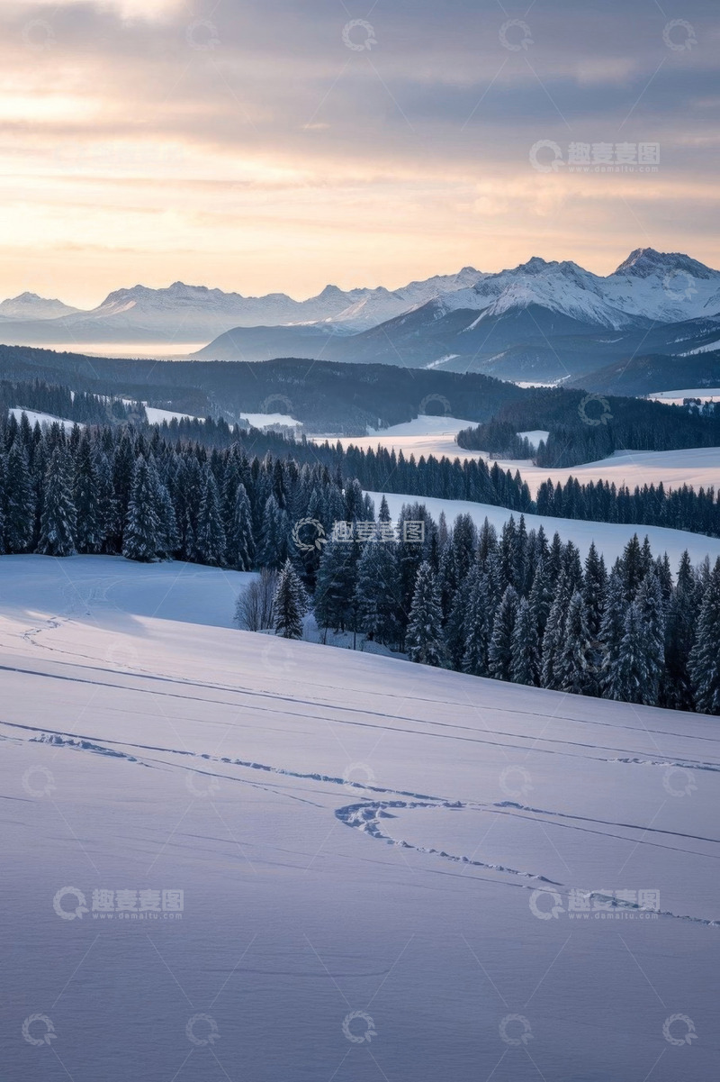 高清大图下载【趣麦麦图】雪山森林冬日雪景全景