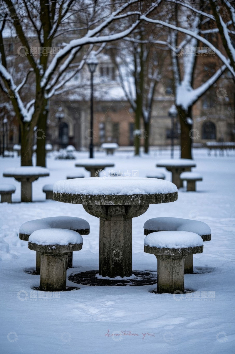 高清大图下载【趣麦麦图】公园雪景中的石桌石凳