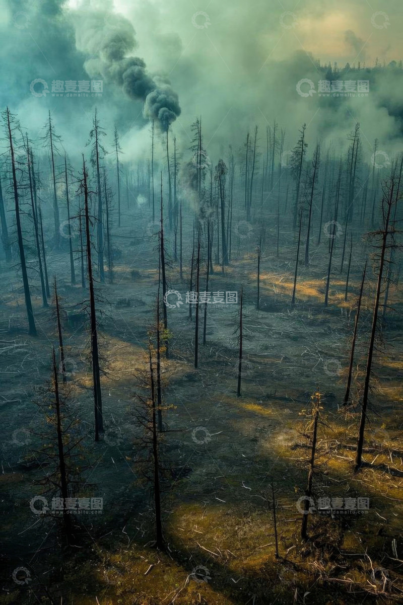 高清大图下载【趣麦麦图】森林火灾后的焦枯树木景象