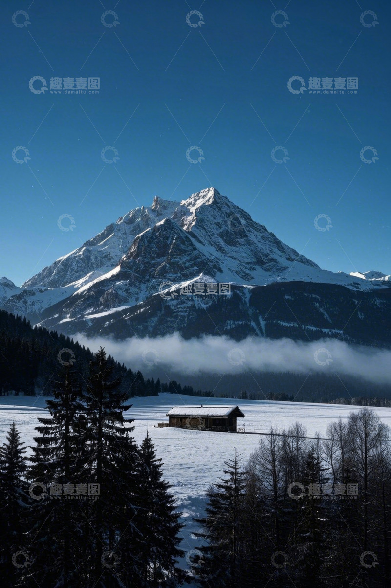 高清大图下载【趣麦麦图】雪山下的木屋与森林景观