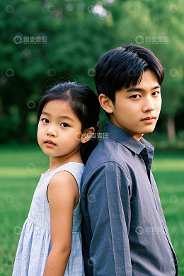 兄妹俩在公园里依偎着