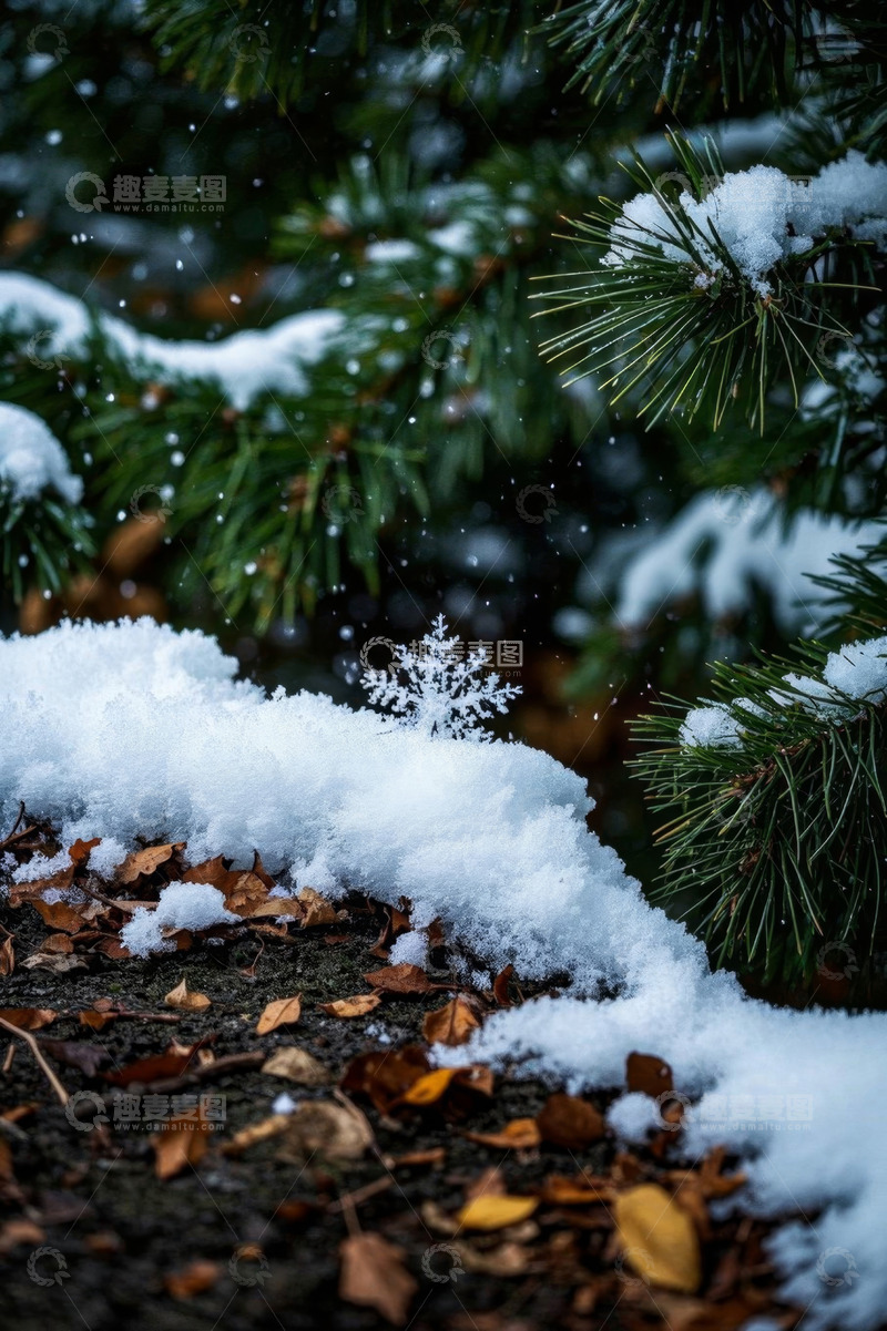 高清大图下载【趣麦麦图】雪覆松枝与落叶景象