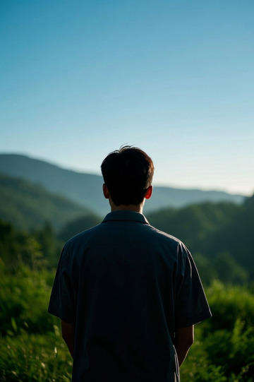 背影男子远眺山峦景色