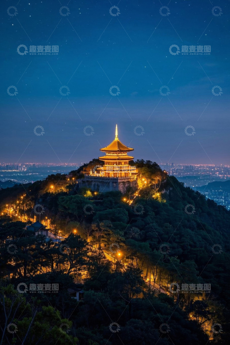 高清大图下载【趣麦麦图】山顶古建夜景