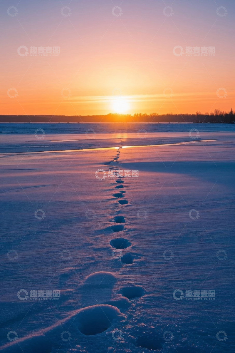高清大图下载【趣麦麦图】雪地上的夕阳足迹景观