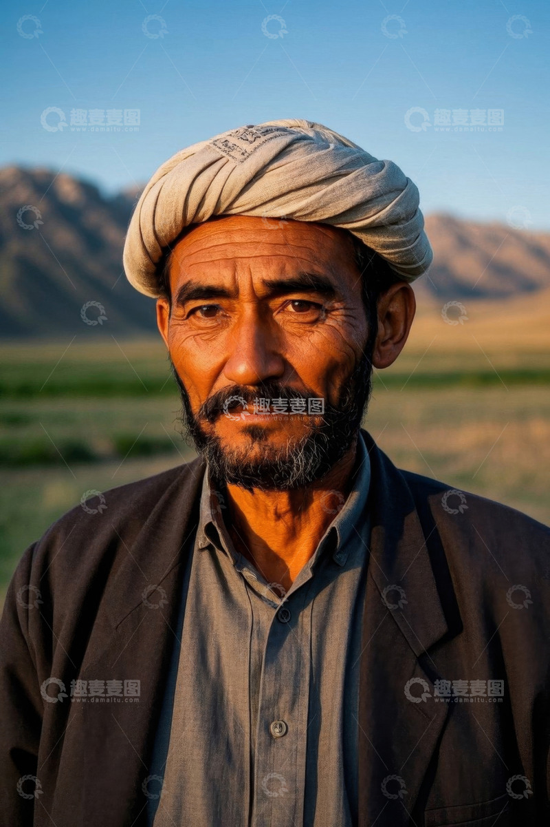 高清大图下载【趣麦麦图】夕阳下戴头巾的老人肖像