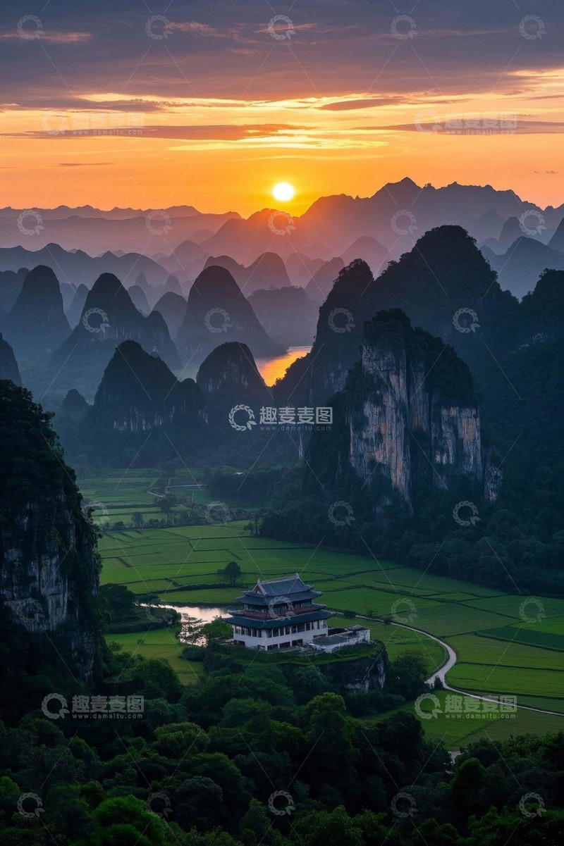 高清大图下载【趣麦麦图】桂林阳朔山水日落全景