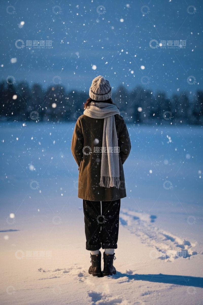 高清大图下载【趣麦麦图】雪夜独行女子背影