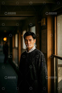 复古建筑走廊内一位亚洲年轻男子
