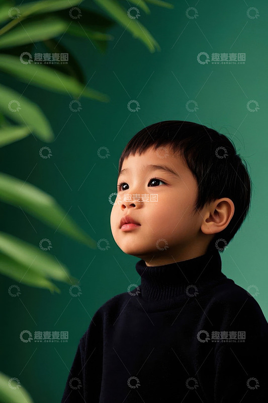 可爱男孩仰望绿叶背景