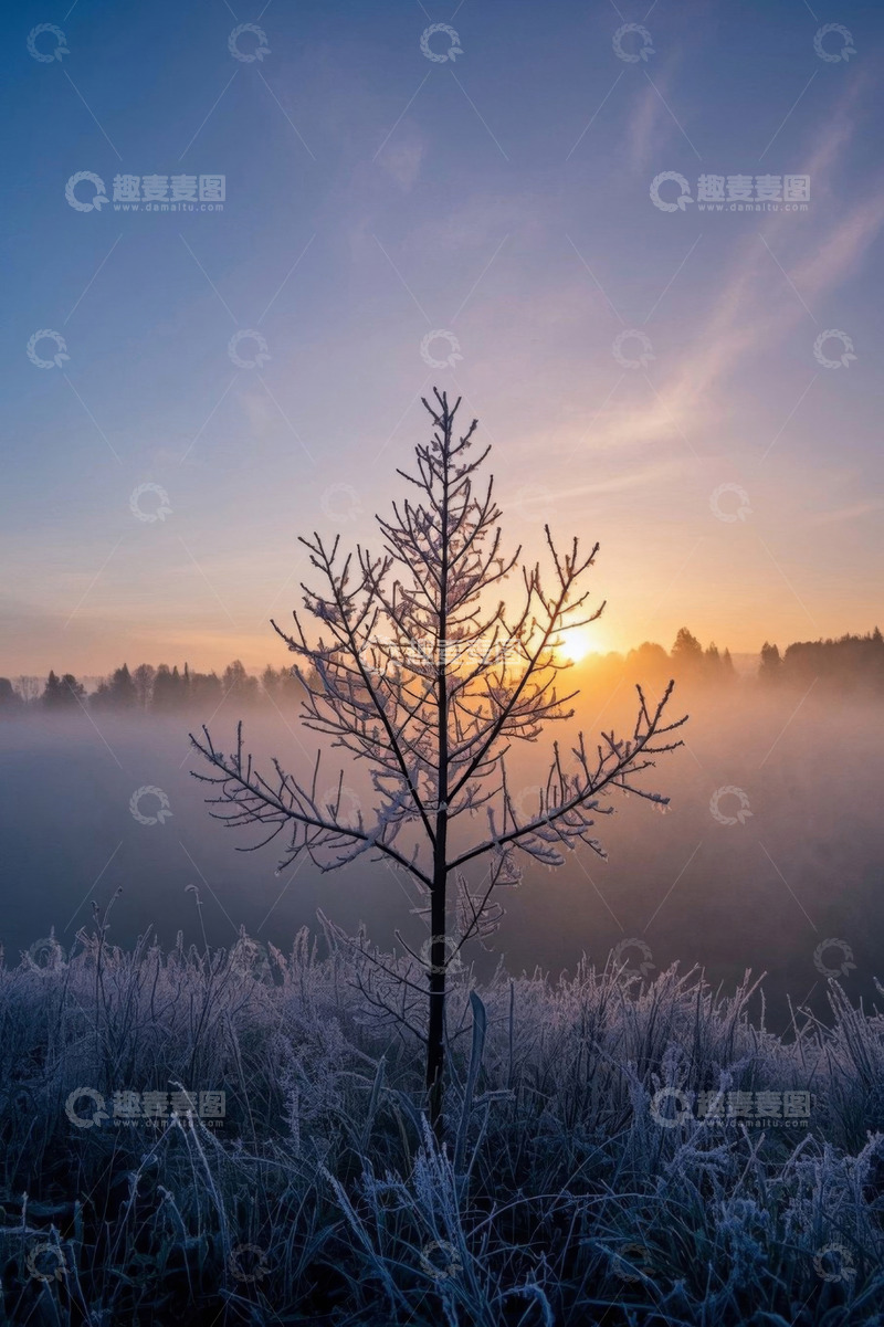 高清大图下载【趣麦麦图】日出时分覆霜小树自然风光