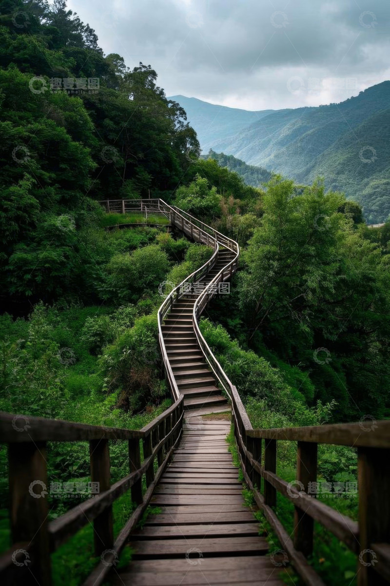高清大图下载【趣麦麦图】山间蜿蜒木质栈道风景