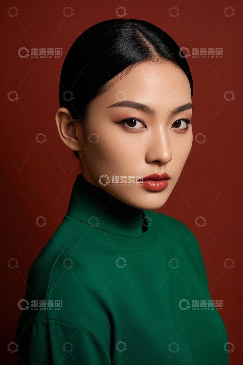 绿衣女子红背景时尚写真