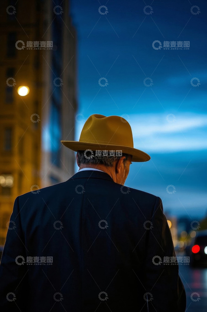 高清大图下载【趣麦麦图】黄帽男子背影城市夜景