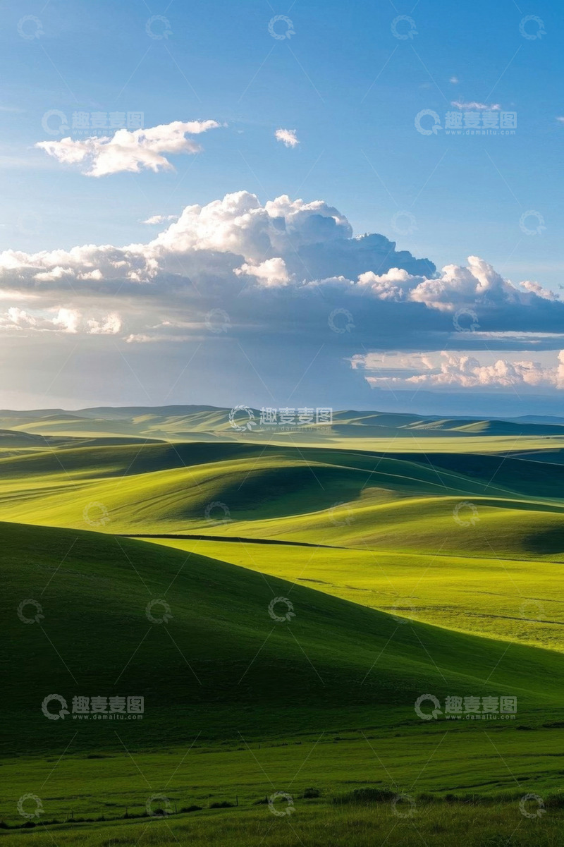 高清大图下载【趣麦麦图】广袤绿色草原与蓝天白云景观