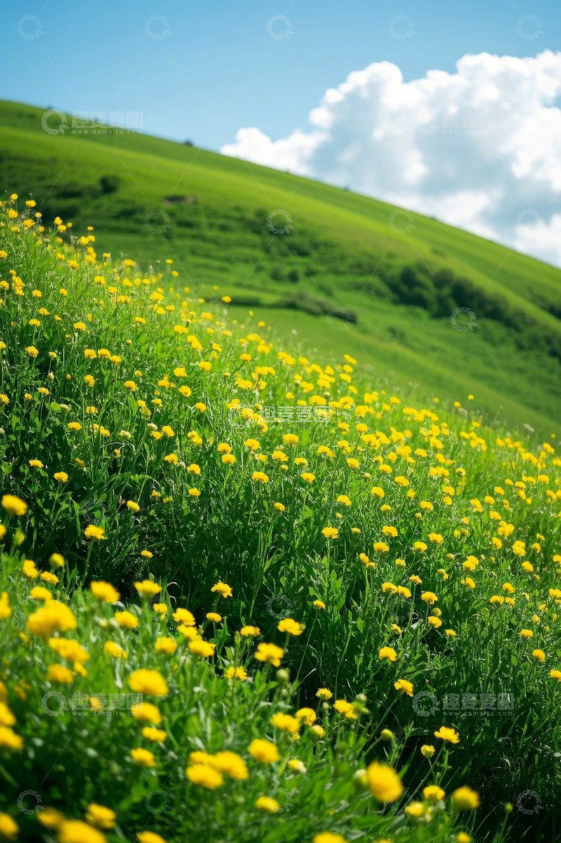 高清大图下载【趣麦麦图】绿色山坡上的黄色野花景观