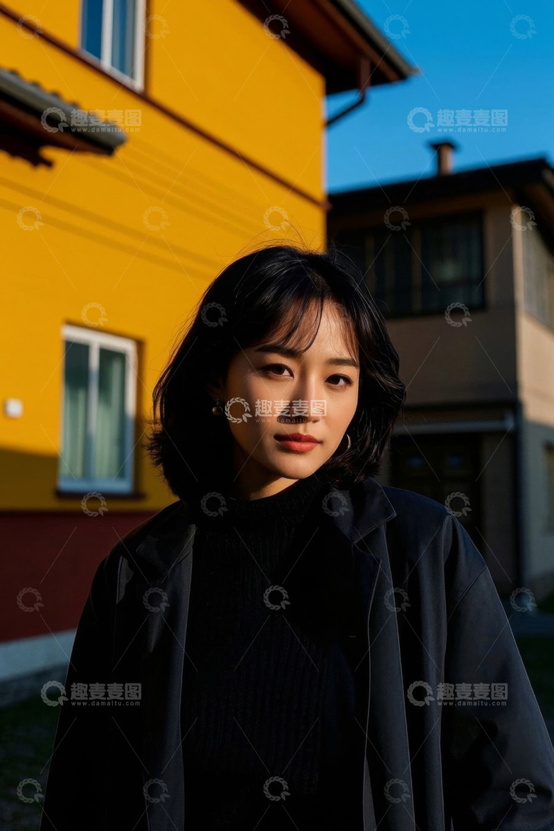 高清大图下载【趣麦麦图】阳光下黑衣女子侧颜照