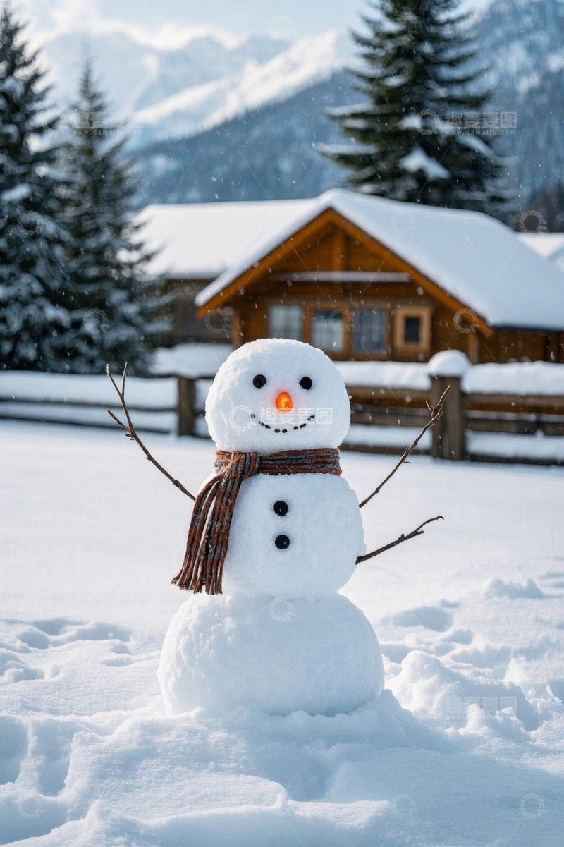 高清大图下载【趣麦麦图】雪中小屋旁的雪人