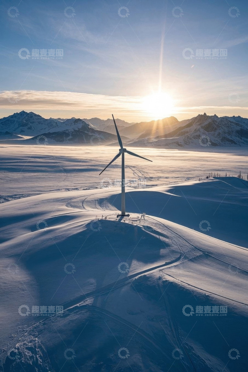 高清大图下载【趣麦麦图】雪山雪地中的风力发电机