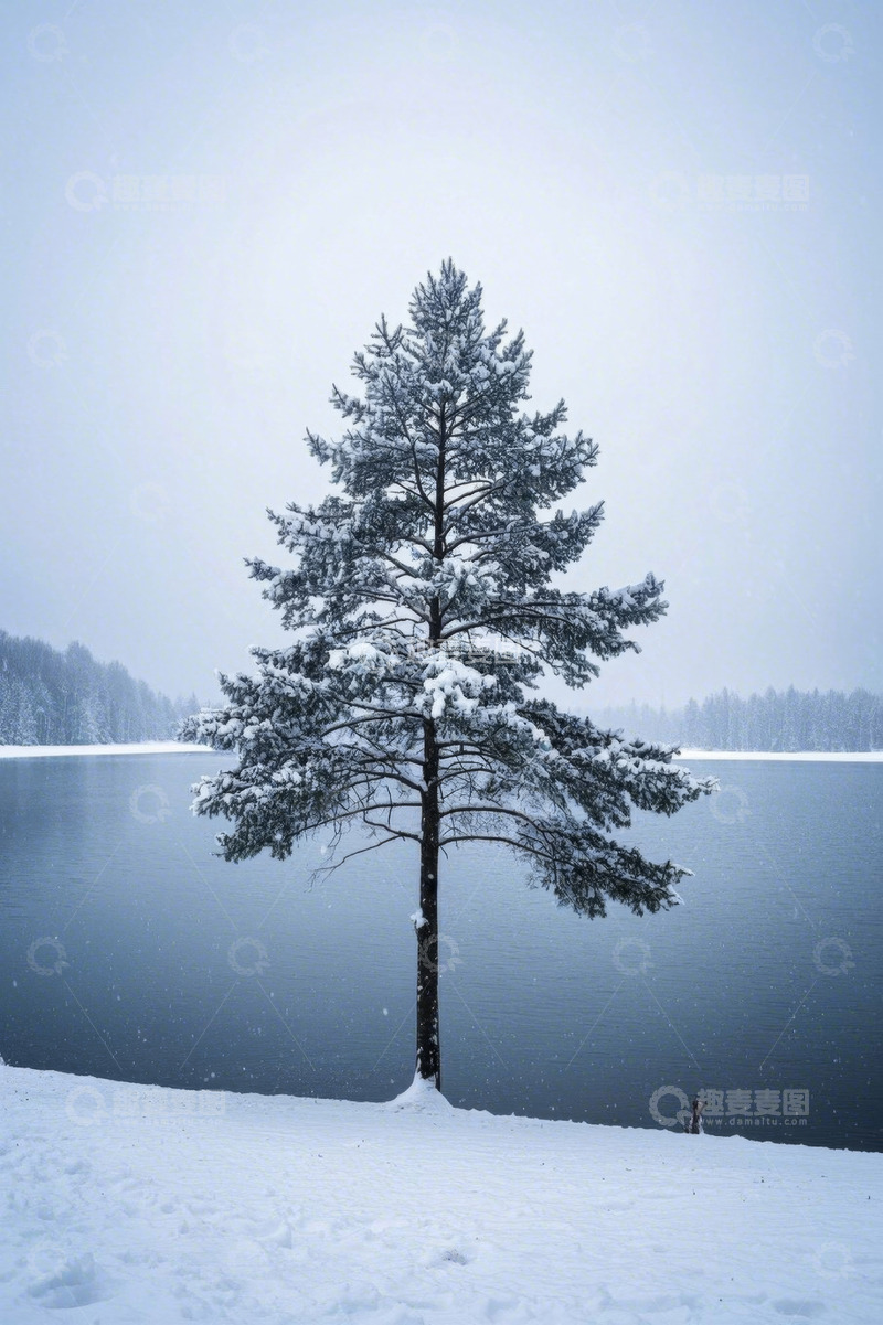 高清大图下载【趣麦麦图】雪天湖畔孤树风景