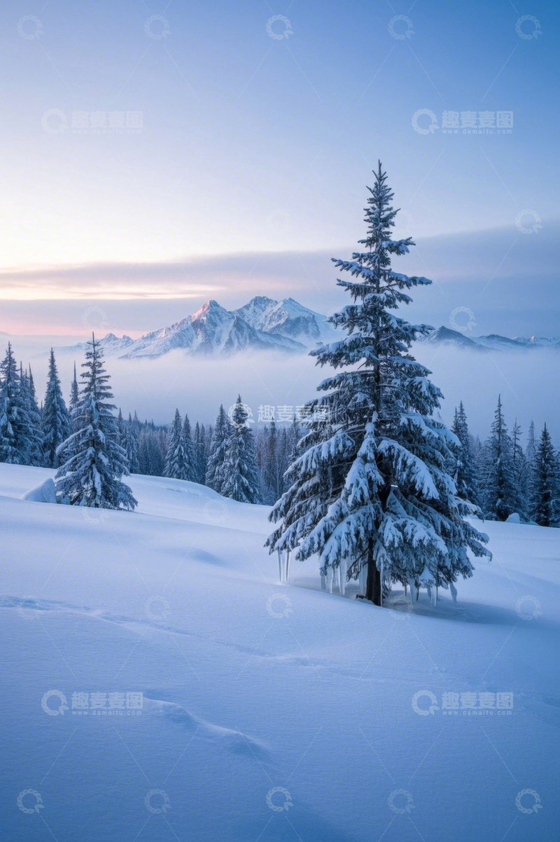 高清大图下载【趣麦麦图】雪山下的雪松林自然风光