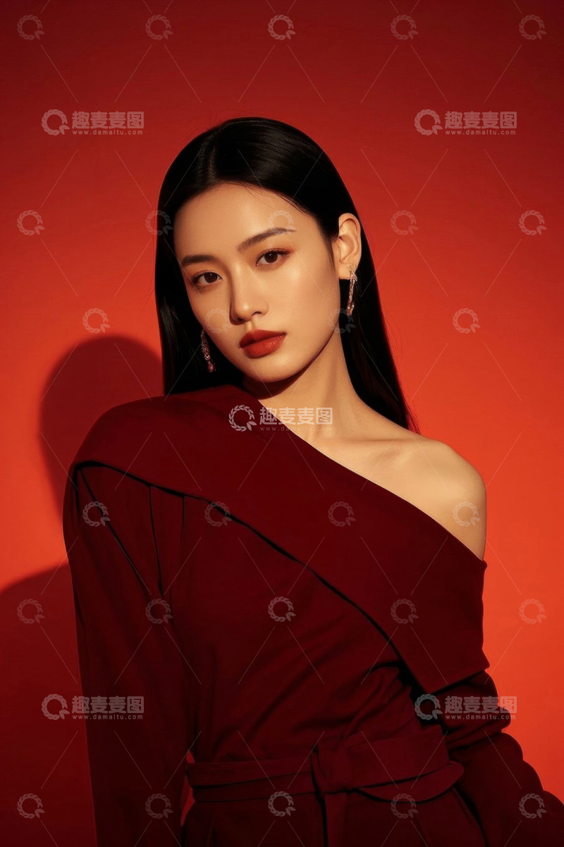 高清大图下载【趣麦麦图】红衣女子时尚写真红背景