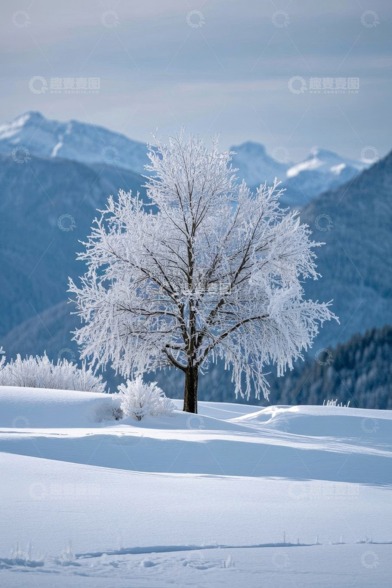 高清大图下载【趣麦麦图】雪地中覆雪树木与远山景观