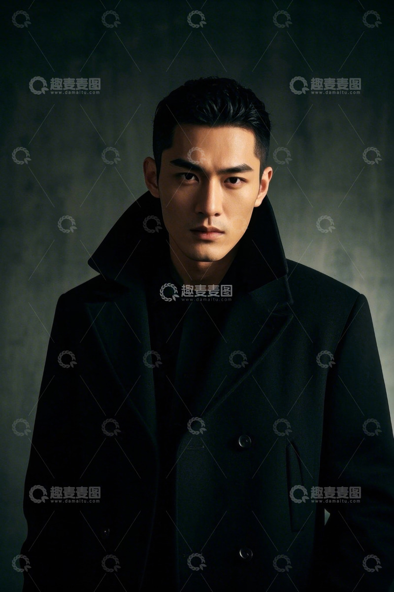 高清大图下载【趣麦麦图】穿着黑色大衣的英俊男子肖像