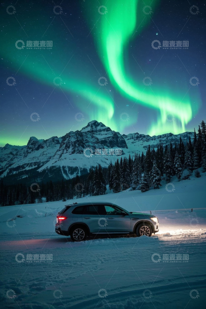 高清大图下载【趣麦麦图】雪地上汽车与极光雪山风景