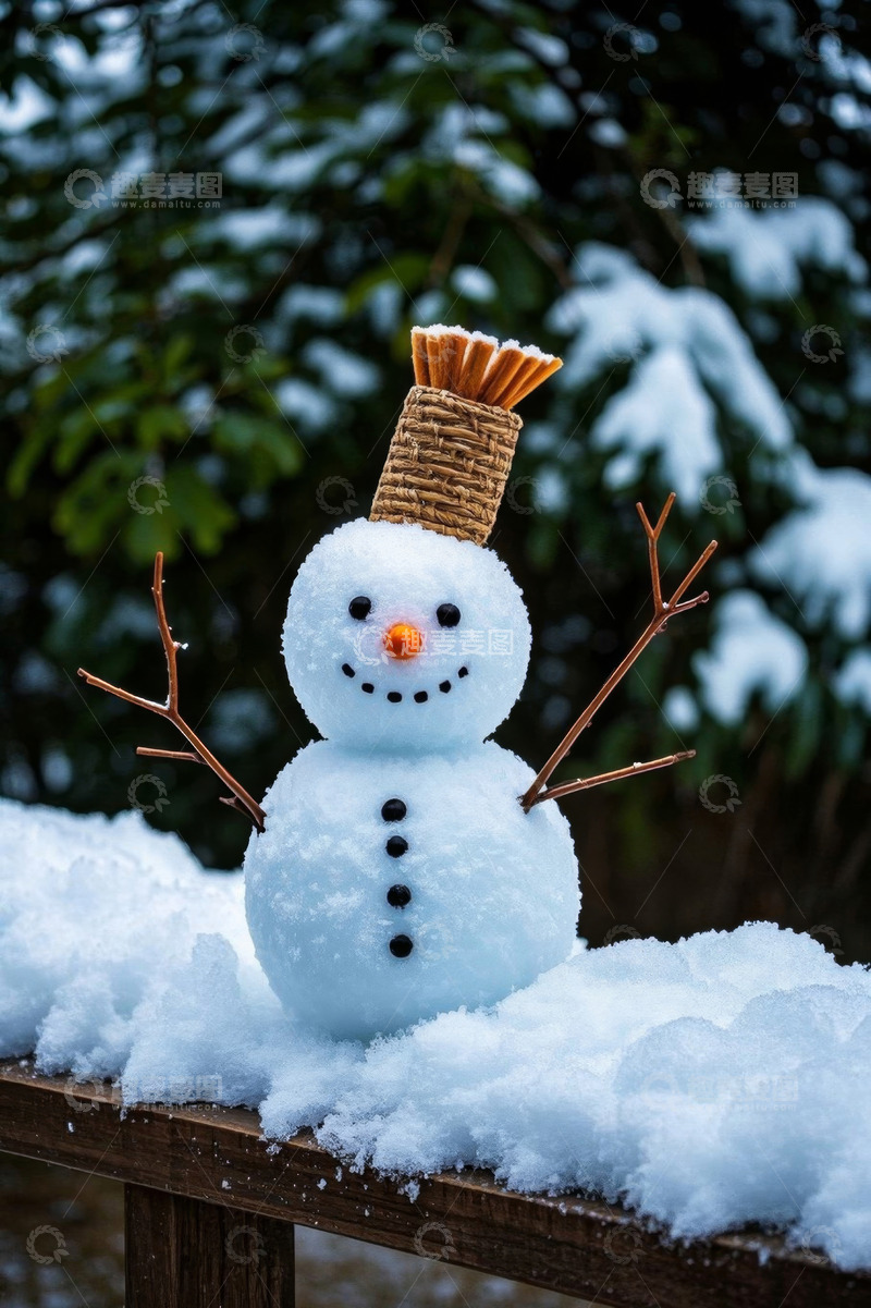 高清大图下载【趣麦麦图】户外木栏上的可爱雪人