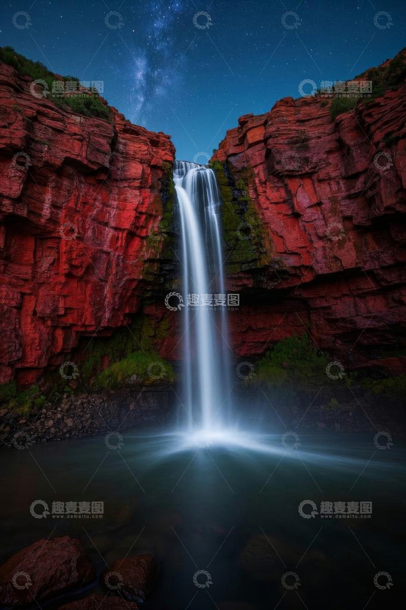 高清大图下载【趣麦麦图】星空下的红色岩石瀑布景观