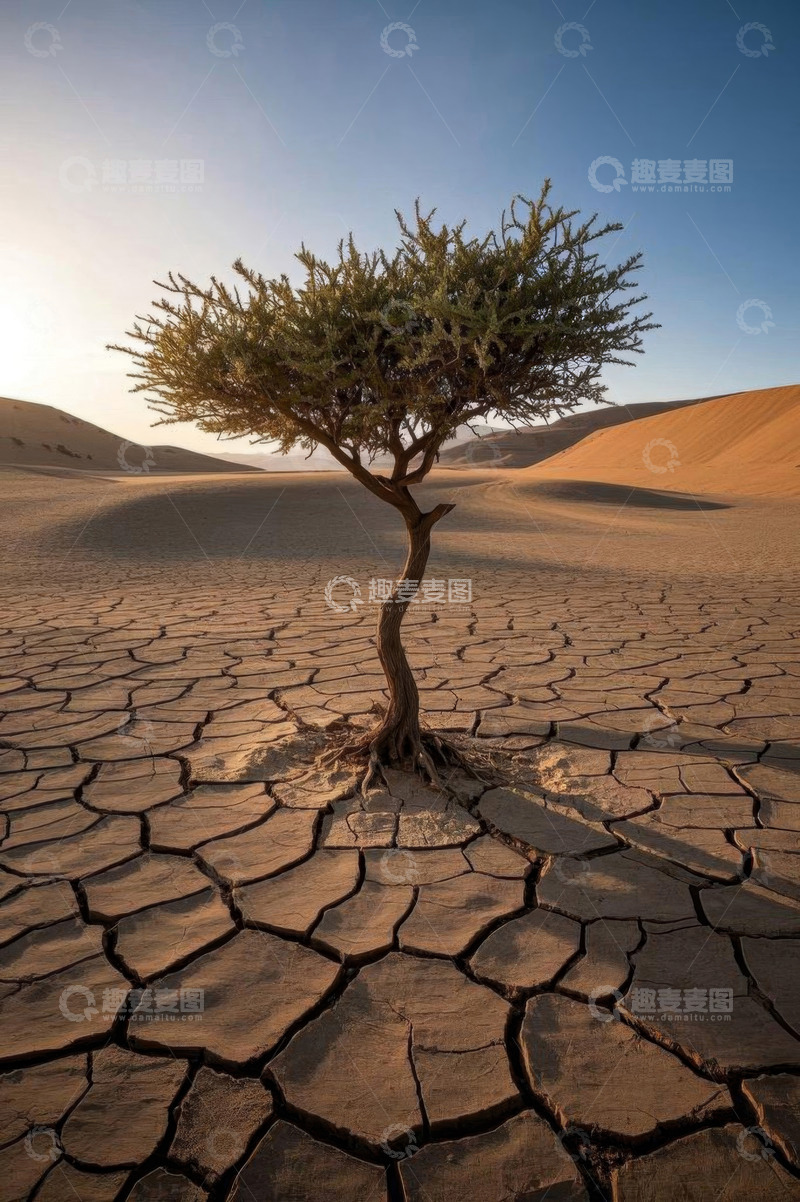 高清大图下载【趣麦麦图】沙漠中干裂土地上的孤树