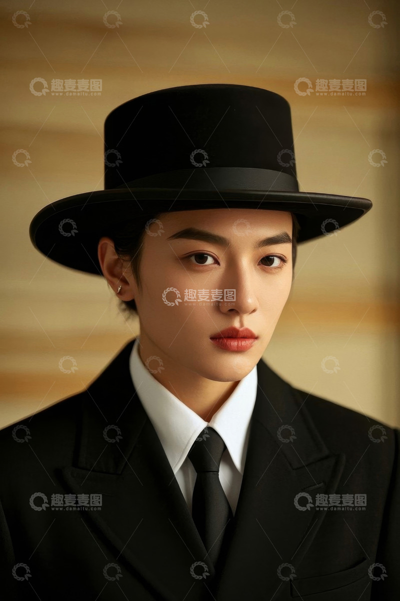 高清大图下载【趣麦麦图】时尚女性肖像黑色礼帽西装