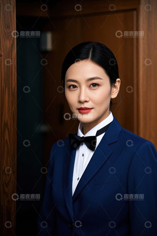 女子身穿深蓝色西装打着黑色领结