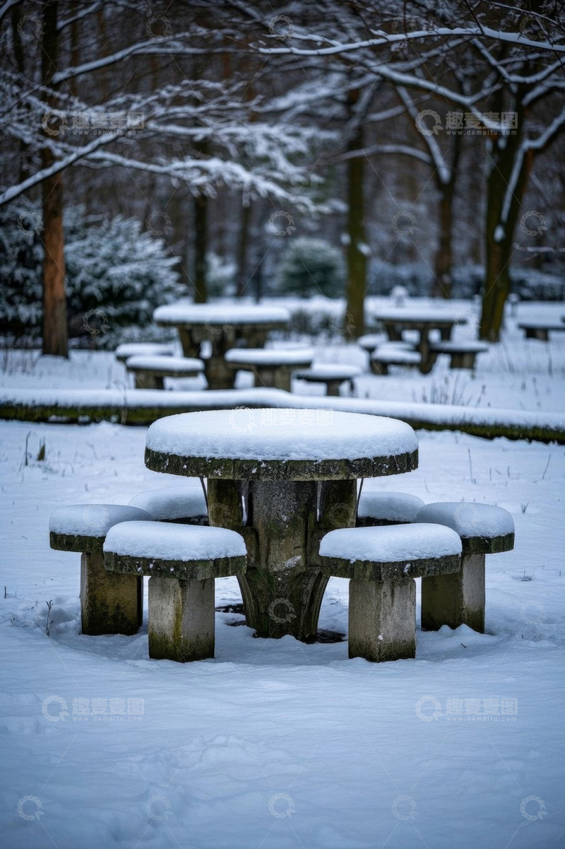 高清大图下载【趣麦麦图】雪后公园石桌石凳景观