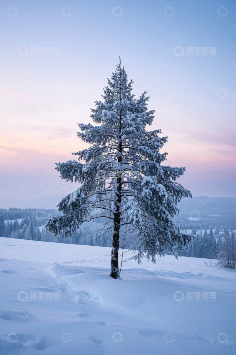 高清大图下载【趣麦麦图】雪地中独立的积雪松树